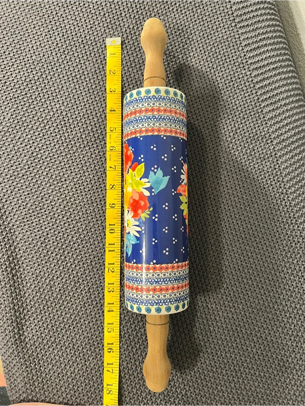 The Pioneer Woman Fiona Floral Ceramic Rolling Pin, Retired, Wood Handles 18in